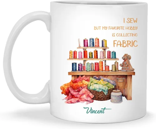 Miniatura 13 de Taza de café personalizada de pila de tela e hilos, Taza de máquina de coser, Taza de cerámica con nombre personalizado Regalos para amantes