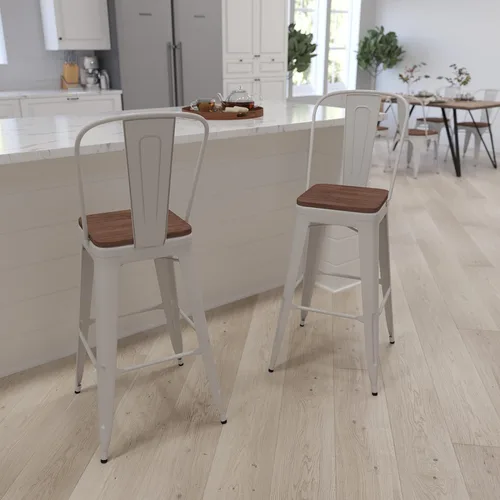 Miniatura 13 de Merrick Lane Amsterdam Taburete de bar – Silla de bar de metal negro antiguo con asiento de madera – Taburete de cocina con respaldo curvado