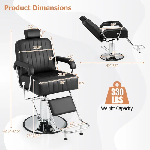 Miniatura 3 de Giantex Silla de peluquería reclinable, silla de salón para estilista, respaldo reclinable, giro de 360 grados, ajuste de altura, bomba hidráulica