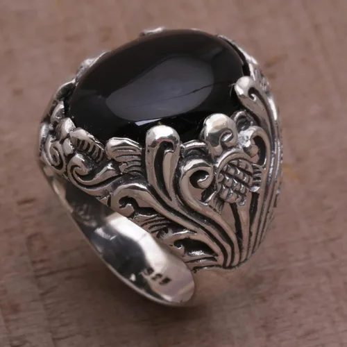 Miniatura 6 de NOVICA Anillo de cóctel floral de plata de ley 925 de ónix negro