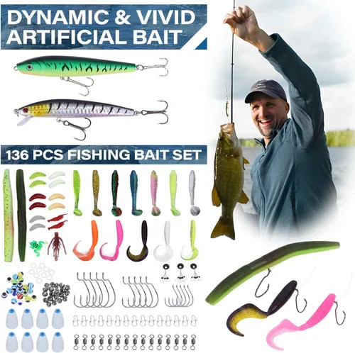 Miniatura 9 de Mochila de pesca con cajas de aparejos, bolsa de hombro de pesca impermeable con soporte para caña, bolsa de pescado con kit de 136 señuelos de Gris