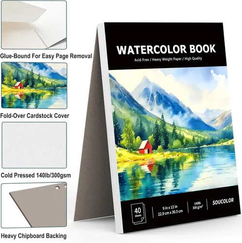 Miniatura 2 de Soucolor 40 hojas de papel de acuarela, papel de color de agua de 9 x 12 pulgadas, libro de papel de dibujo de pintura de artista de 140 Negro Satind