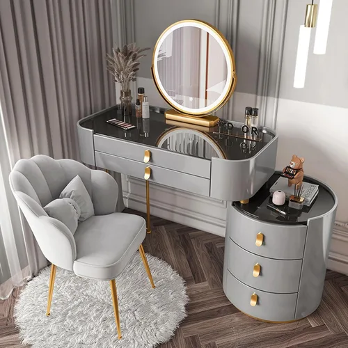 Escritorio de tocador con espejo iluminado y parte superior de cristal, juego de mesa de maquillaje grande con cajones, armario lateral y silla,