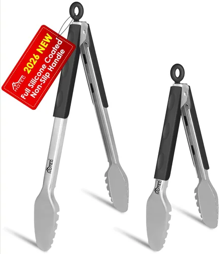 Miniatura 12 de Hotec Pinzas de Cocina de Acero Inoxidable, Juego de 2-9", Pinzas de Metal con Bloqueo para Cocinar, Servir, BBQ, Parrilla con Agarre Antideslizante