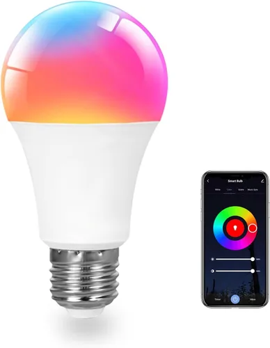 Bombilla inteligente A19, 9 W, 900 lúmenes, RGB+CCT, 16 millones de colores vibrantes para bricolaje, sincronización de música a través de Tuya,