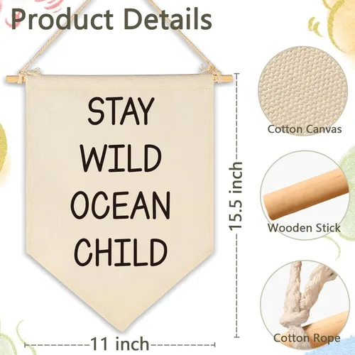 Miniatura 5 de Banderín Colgante de Lona "Stay Wild Ocean Child" - Bandera Decorativa para Pared, Regalo para Guardería, Bebé, Niños, Niño, Niña, Recién Nacido