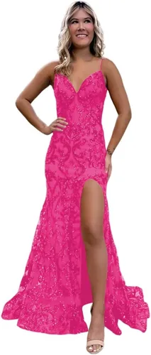 RUMUGUYA Vestido de fiesta de sirena con lentejuelas brillantes con abertura para mujer, tirantes delgados, vestido formal de noche 2024
