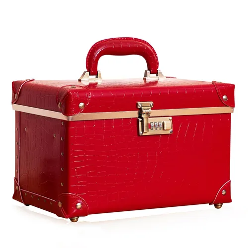 Miniatura 15 de urecity Estuche de maquillaje vintage de piel artificial, organizador profesional de cosméticos con cerradura de combinación de metal, caja