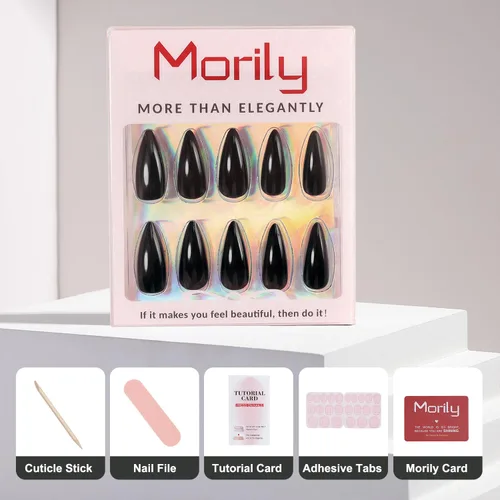 Miniatura 4 de morily 24 uñas postizas negras a presión, uñas postizas de aguja de longitud media, uñas postizas de almendra, uñas postizas largas acrílicas Negro