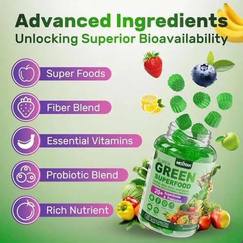 Miniatura 9 de Gomitas Super Greens, Gomitas de fibra de superalimento verde diario con espirulina, clorela, prebiótico, probiótico, frutas y verduras, vitaminas