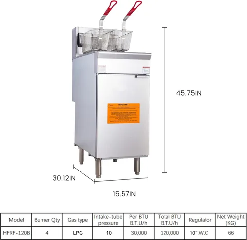Miniatura 8 de Freidora de propano comercial de alta resistencia, freidora de gas de acero inoxidable de 4 tubos de 120,000 BTU, capacidad de 50 libras