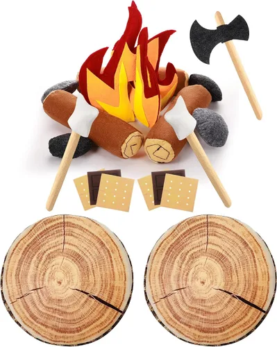 Civaner Juego de juguetes de simulación de fogata para adultos con 2 almohadas de tronco, 2 de felpa falsa de fuego y smores, 20 piezas de fieltro