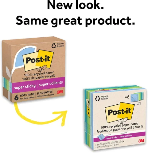 Miniatura 9 de Post-it - Notas superadhesivas de papel 100% reciclado, forradas, 4 pulgadas x 4 pulgadas, 6 blocs, 70 hojas por bloc, colección Oasis, suministros