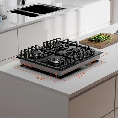 Miniatura 5 de Empava Estufa de gas de 24 pulgadas, 4 quemadores sellados Italia Sabaf de vidrio templado convertible NG/LPG en negro, 24 pulgadas