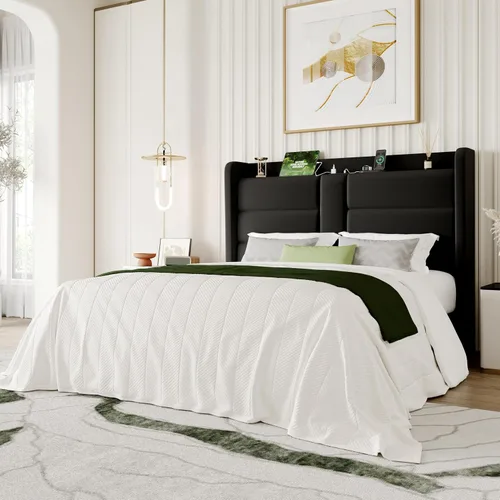 SHA CERLIN Base de cama tapizada tamaño Queen con estante de almacenamiento y estación de carga, cama moderna de plataforma de terciopelo con Negro