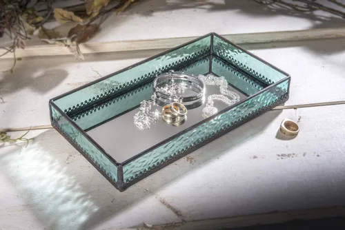 Bandeja de cristal azul turquesa con fondo de espejo, decorativa para baño, tocador, cosméticos, maquillaje, exhibición, soporte para perfumes,