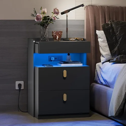 Miniatura 8 de WLIVE Black Night Stand with 3 Drawers, Small Wooden Nightstand, Bed Side Table for Bedroom, Living Room, Dorm, Modern Minimalist Bedside Table