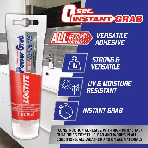 Miniatura 3 de Loctite Power Grab Ultimate Crystal Clear - Adhesivo de construcción cristalino transparente, tubo exprimible de 2.7 fl oz, 1 paquete - Pegamento