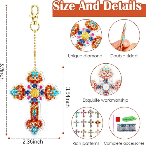 Miniatura 6 de YUE ZHE 16 piezas de arte de diamantes cruzados para adultos, llaveros de arte de diamante de doble cara, en forma de cruz, pintura 5D, kits