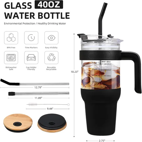Miniatura 4 de chunmo Vaso de vidrio de 40 onzas con 2 tapas, tapa de popote de bambú y tapa para popote 2 en 1 para sorber y voltear, taza de café helado con asa