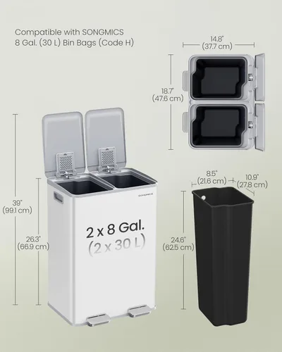 Miniatura 6 de SONGMICS Bote de basura, 2 x 8 galones (2 x 30 L) de doble compartimento con tapa de cierre suave, pedal y cubos interiores, acero inoxidable