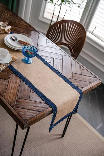 Miniatura 9 de Camino de mesa de yute natural rústico para mesa de comedor de granja con dobladillo de encaje para boda, fiesta, camino de mesa lavable, camino