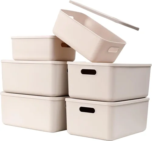 Miniatura 7 de Yishyfier Cestas de Almacenamiento de Plástico con Tapa Contenedor Organizador Contenedores Organizadores de Tejido de Punto con Tapa para Estantes
