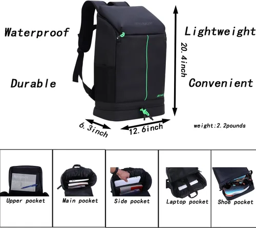 Miniatura 2 de Mochila de gimnasio para hombres y mujeres, bolsa de viaje con compartimento grande para zapatos y soporte para botellas, mochila impermeable, Negro