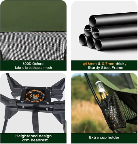 Miniatura 6 de Silla de camping giratoria de 360° mejorada para adultos, silla plegable portátil con soporte para tazas, mochila compacta ligera para exteriores