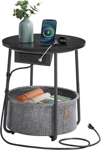 Miniatura 10 de VASAGLE Colección LILEA - Mesa auxiliar con estación de carga, mesa auxiliar redonda con cesta de tela, mesita de noche con puertos USB, para sala