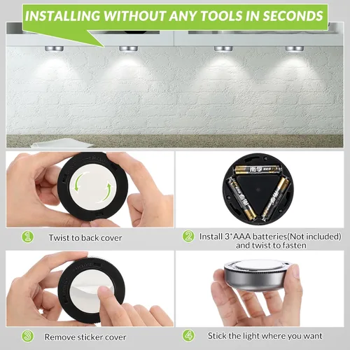 Miniatura 4 de Macarrie Paquete de 24 luces de disco con toque de presión, mini luz nocturna LED inalámbrica táctil de 2.68 pulgadas, 60 lúmenes, funciona