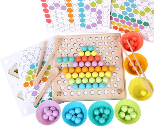 QZMTOY Juego de cuentas de madera con clavijas, juguetes Montessori de aprendizaje, clasificación de colores, juguetes a juego apilables para niños