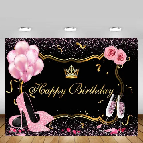 Miniatura 4 de MEHOFOND Fondo de fotos rosa y dorado negro, accesorios de fondo de fotos con purpurina de tacón alto, globos de champán, flores de rosa, corona