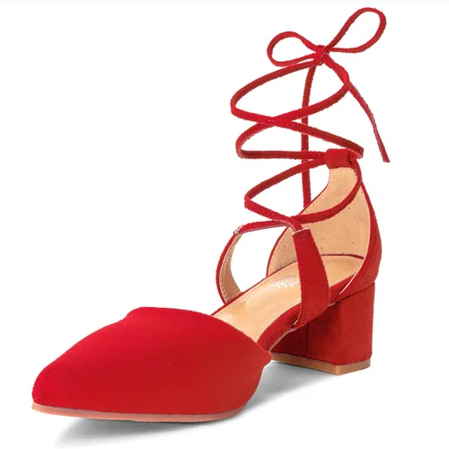Heel The World Tacones con cordones para mujer, tacones gruesos con punta puntiaguda, sandalias de vestir de bloque bajo con tiras para mujer