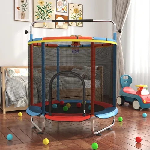 Miniatura 2 de Trampolín infantil de 60 pulgadas para niños de 2 a 4 años, mini trampolín de 5 pies para interiores con pelota de baloncesto, barra de gimnasia