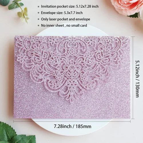 Miniatura 3 de Hosmsua 50 bolsillos de invitación de boda con purpurina morada, 5.12 x 7.2 pulgadas, corte láser, bolsillos de invitación de quinceañera de encaje