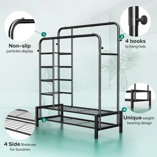 Miniatura 3 de Perchero de ropa de doble barra con 2 estantes inferiores y 4 estantes laterales, perchero de metal para colgar ropa, perchero resistente para Negro