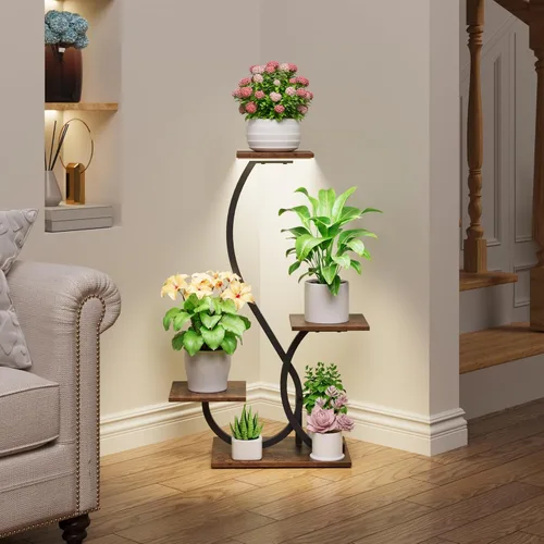 Miniatura 5 de BACEKOLL Soporte para plantas de interior con luces de crecimiento, estante para plantas en forma de S, soportes de esquina iluminados para cultivo