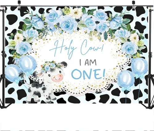 Miniatura 3 de Mocsicka Fondo de vaca Holy Cow I'm One, decoración de fondo para fiesta de primer cumpleaños con temática de vaca floral, cartel para fiesta