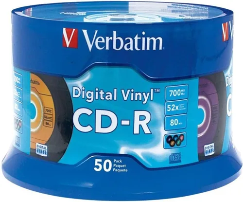 Verbatim 94439 CD-R de 80 minutos, 52X, con superficie digital de vinilo. Paquete de 10 unidades en cajas estrechas. marcado Azul