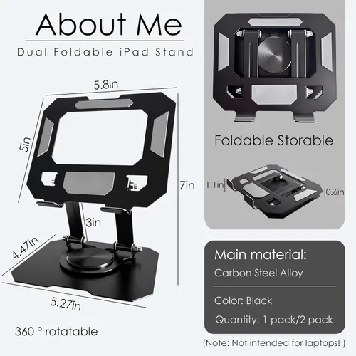 Miniatura 2 de Soporte de tableta para iPad, soporte de escritorio giratorio de 360°, soporte de escritorio plegable ajustable de acero al carbono, para iPad Pro