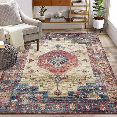 Miniatura 11 de JOLENE.K Alfombra oriental lavable de 6 x 9 pies, suave, con estampado envejecido, vintage, antideslizante, resistente a las manchas, de pelo bajo