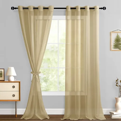 Miniatura 84 de Hiasan - Cortinas traslúcidas de gasa cortas semitransparentes con ojales y alzapaños filtrantes de luz para ventana, dormitorio, baño, 2 paneles