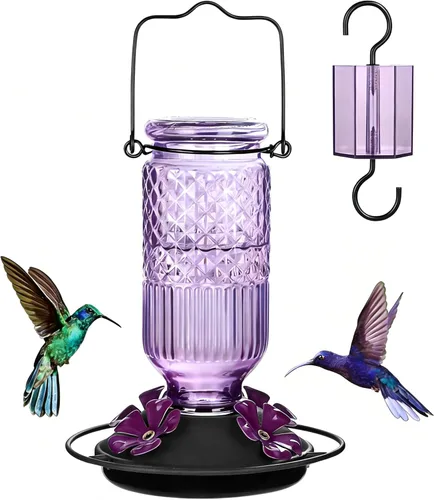 Miniatura 9 de FEED GARDEN Comedero de vidrio para colibríes para colgar al aire libre, comedero de colibríes de 16 onzas con 4 puertos de alimentación con Azul