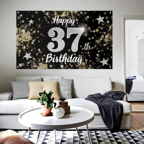 Miniatura 6 de Decoración de feliz cumpleaños 37, cartel grande de fondo de cumpleaños de 37 años con estrella de ensueño negro y plateado – Decoración de fiesta