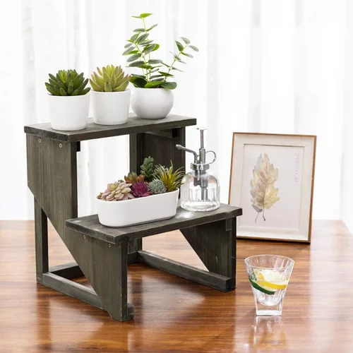 MyGift Estante de 2 niveles de madera rústica gris oscuro para plantas de escritorio, soporte de maceta estilo granja, organizador de exhibición