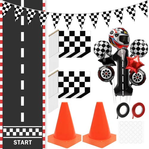 Windspeed Suministros para fiestas de autos de carreras, juego de 38 piezas: 24 banderas a cuadros, 12 mini conos de tráfico, alfombra de hipódromo