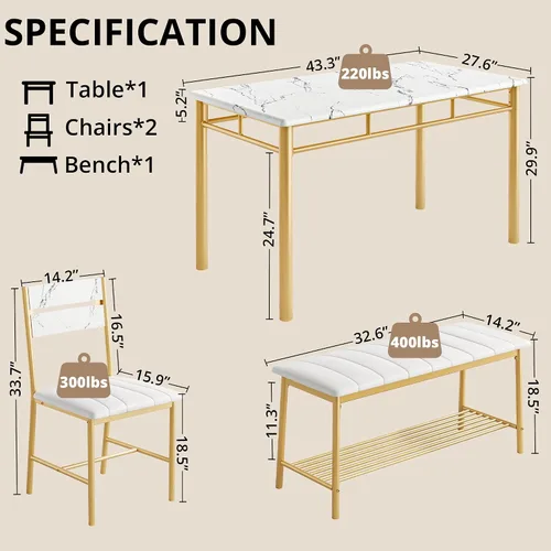 Miniatura 2 de Conjunto de mesa de comedor IRONCK para 4, mesa de cocina con banco tapizado y 2 sillas, juego de mesa y sillas de cocina para espacios pequeños
