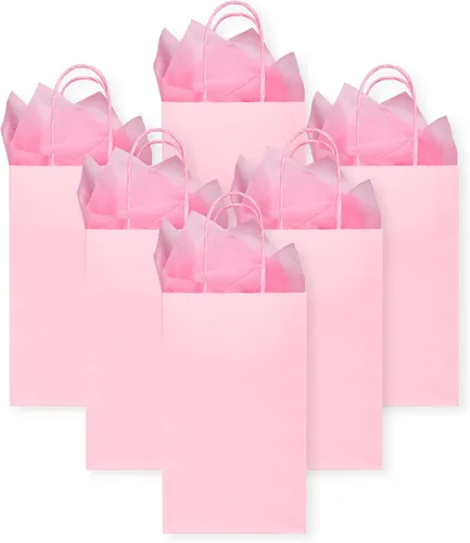 Miniatura 5 de DjinnGlory Paquete de 24 pequeñas bolsas de regalo de papel rosa con asas de 9 x 5.5 x 3.15 pulgadas y 24 papel de regalo de seda para negocios