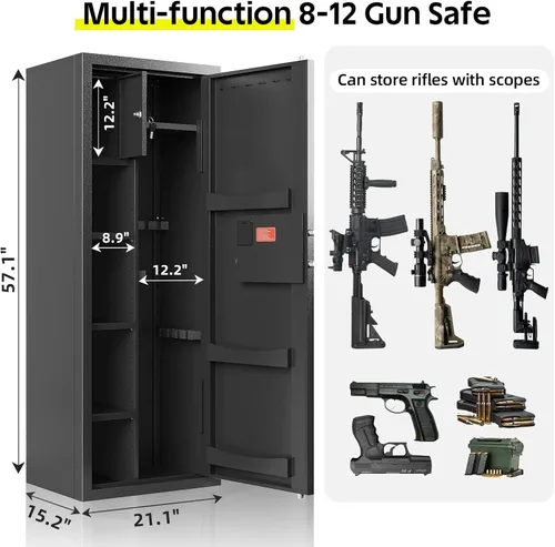 Miniatura 2 de KAER Caja Fuerte para Armas, Armario Grande de 8-12 Armas para Defensa del Hogar con Teclado Electrónico Caja Fuerte Segura para Rifles